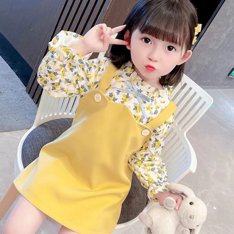 兒童洋裝 女童連身裙 兒童裝長袖裙 中小童公主裙 假兩件碎花背帶裙子 女孩連衣裙 女生連身裙【不二雜貨】