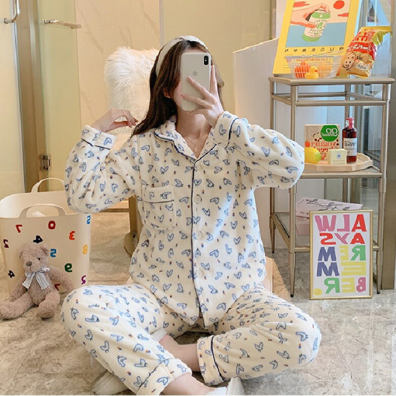 睡衣女秋冬款冬季珊瑚絨家居服法蘭絨加厚款冬天大碼加絨保暖套裝