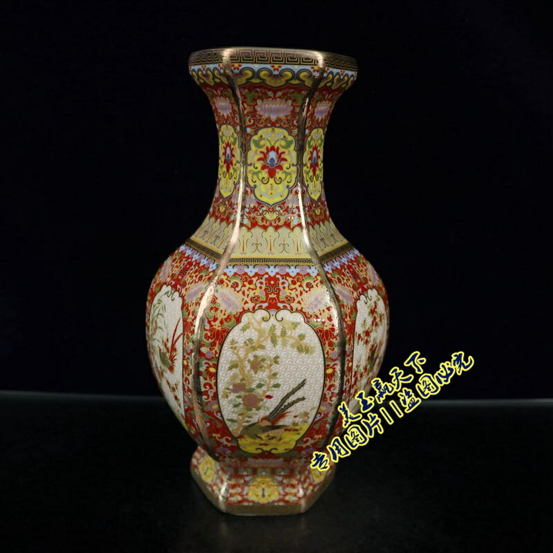 古玩 景德鎮陶瓷器琺瑯彩六方瓶 描金花鳥六方花瓶玄關客廳擺件