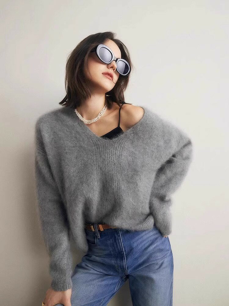 女裝 女上衣 女裝 衣服 毛衣 寬鬆上衣  高階感軟糯仿水貂絨v領毛衣女秋冬季時尚慵懶風奶fufu針織衫上衣 治裝激推 7