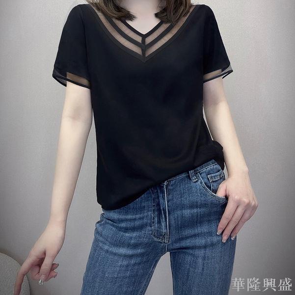 韓版2024黑色網紗V領短袖T恤女夏新款洋氣拼接寬松百搭減齡上衣服