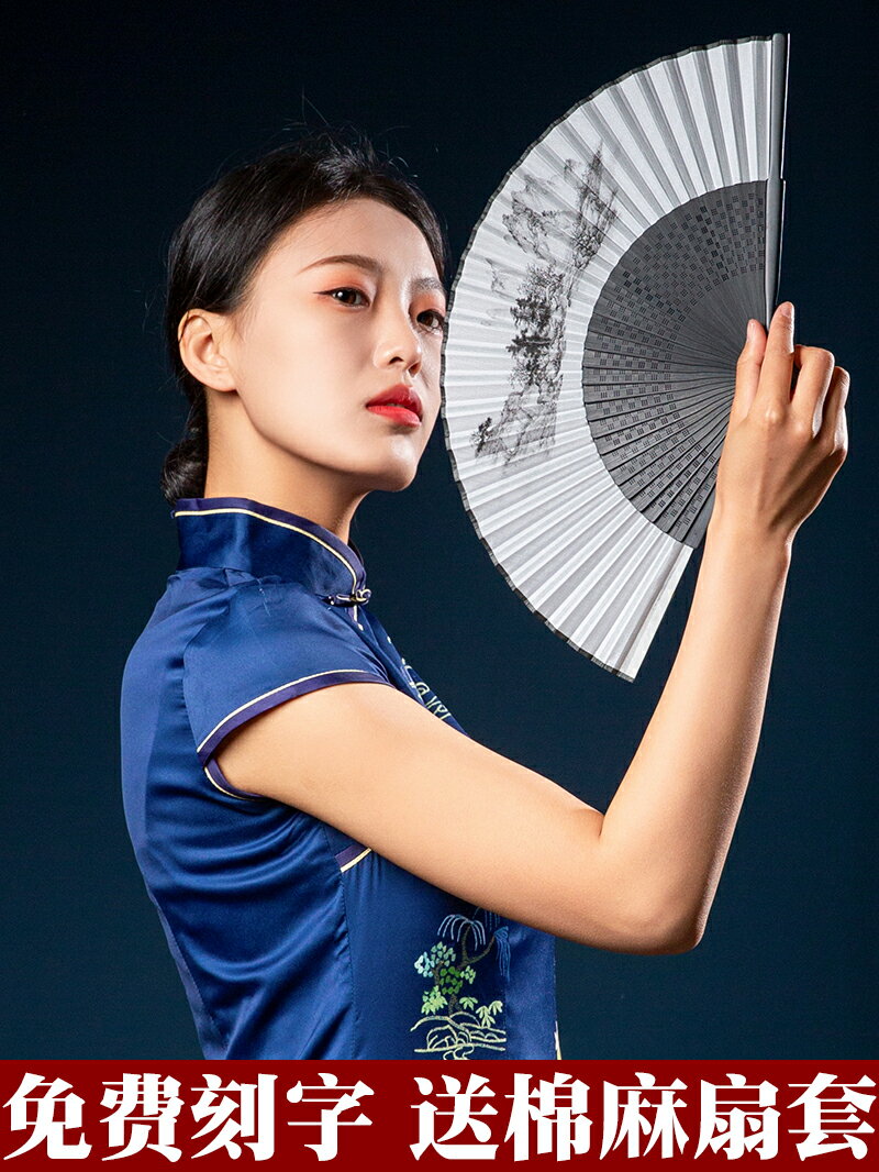 中國風摺扇女式鏤空雕刻竹扇古風水墨畫真絲綾絹扇面日常折疊扇子