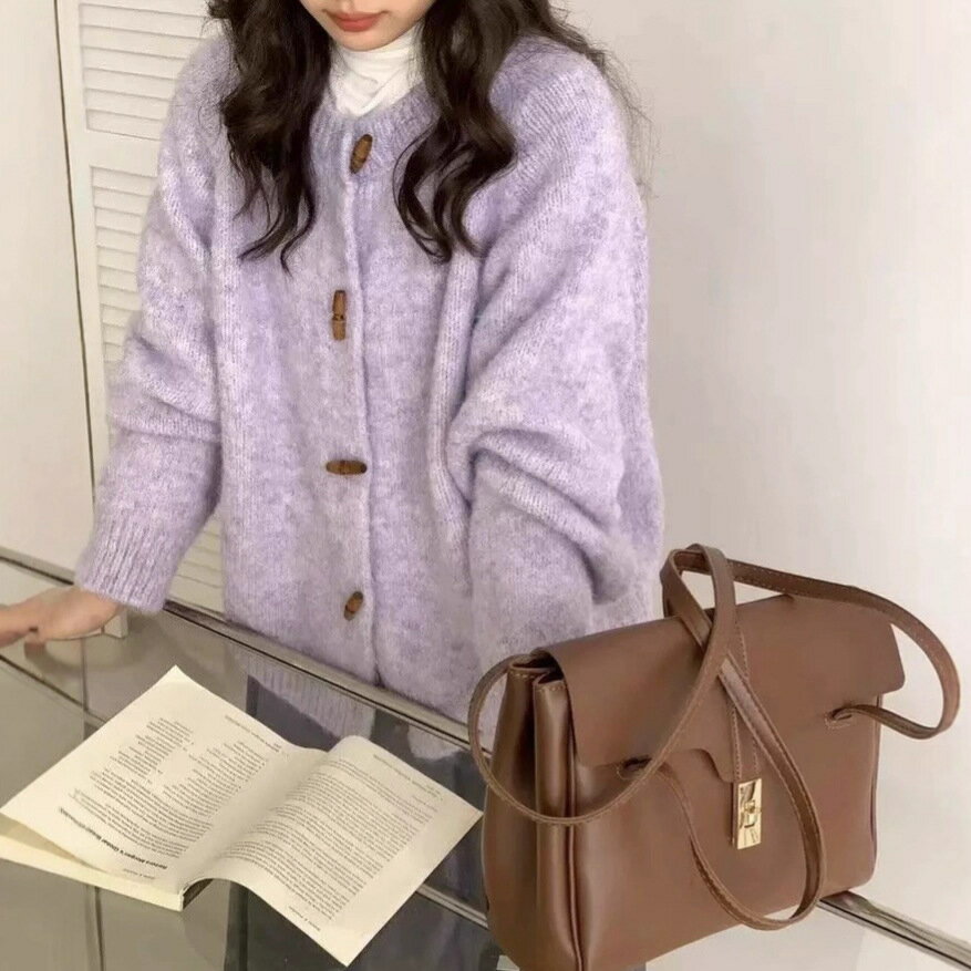 女裝 外套 韓系風 氣質上衣 韓版   秋冬寬鬆韓系復古溫柔牛角扣軟糯針織開衫休閒長袖上衣外套女毛衣 治裝激推 2