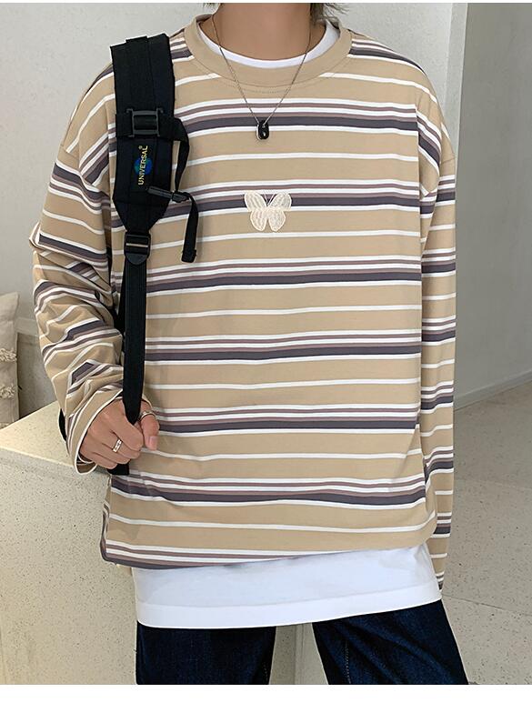 FINDSENSE X 男士 長袖 休閒 寬松 長袖條紋t恤寬松打底衫上衣t恤