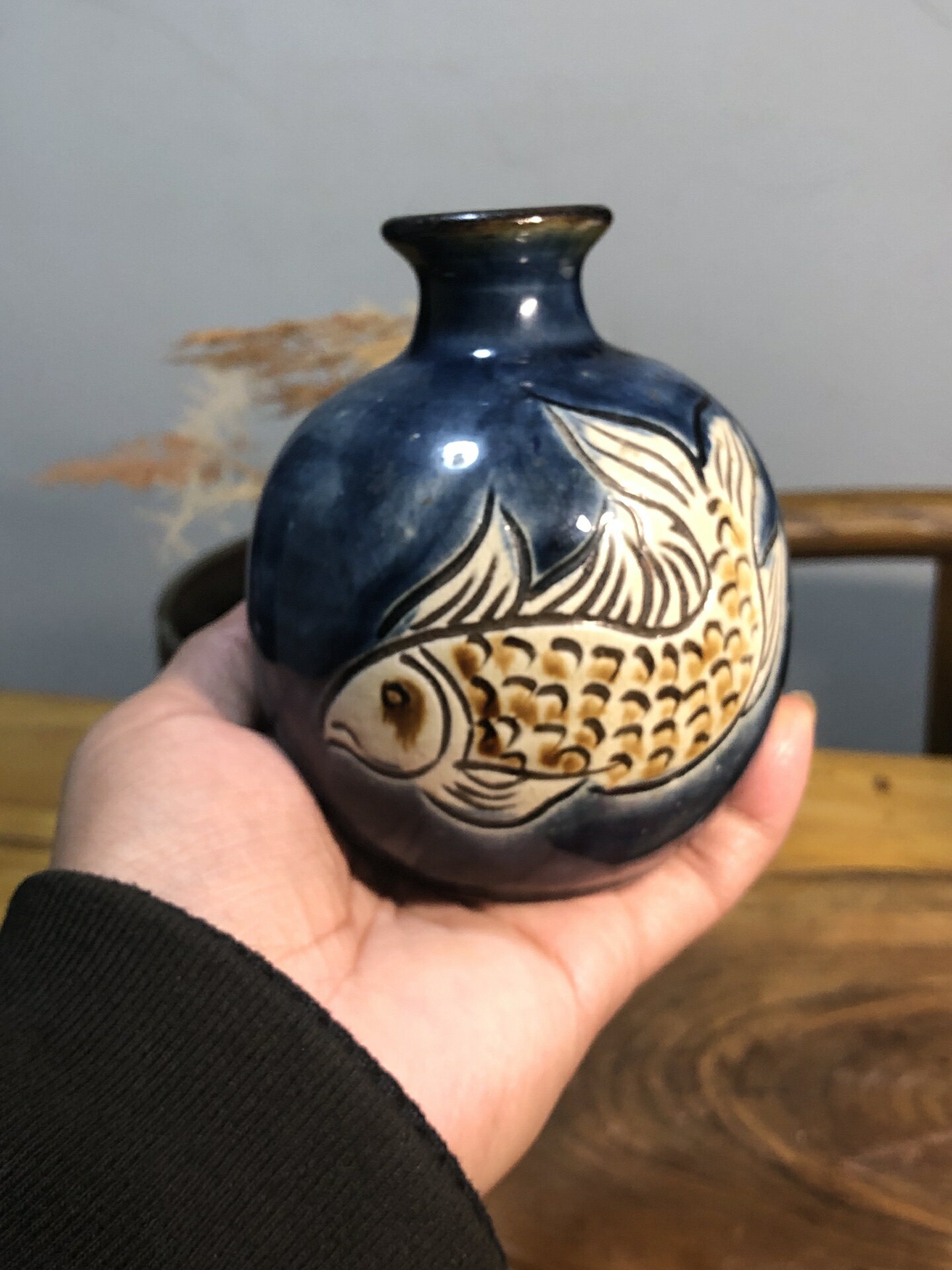 ☆琉球 壺屋焼☆ 魚文花瓶 壺屋焼 人間国宝 金城次郎作 海老