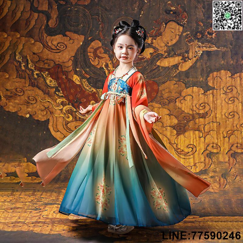 【歡樂購】女童漢服2024夏季新款國潮唐宮夜宴兒童古裝襦裙中國風演出連衣裙