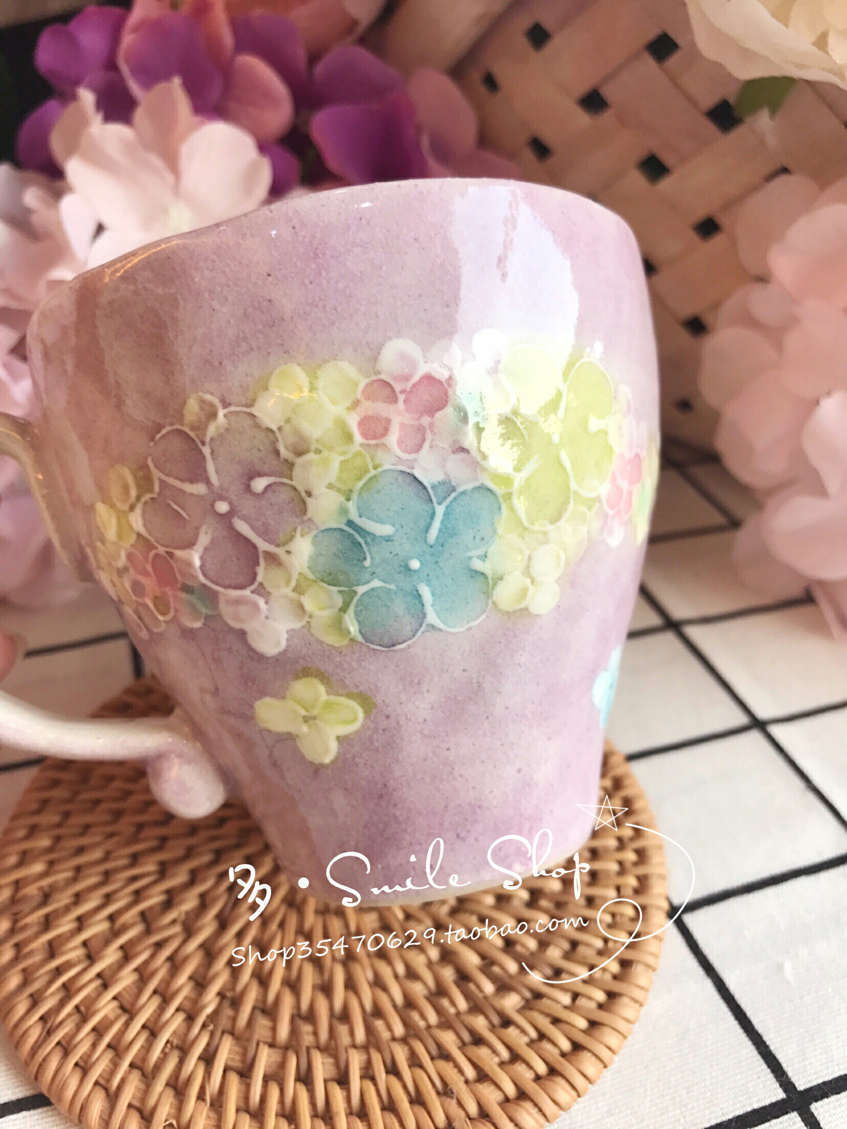 瀨戶燒釉下彩花卉小花朵繁花手繪彩瓷馬克杯水杯櫻花杯子