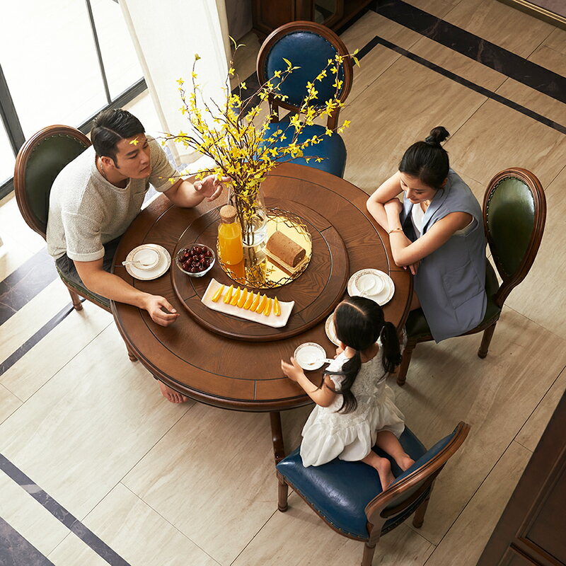 餐廳餐臺美式鄉村實木餐桌椅組合圓形歐式飯桌帶轉盤圓桌