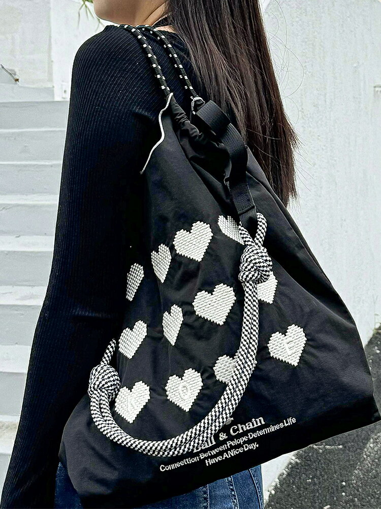 日系新款ball chain同款環保刺繡袋購物袋尼龍手提單肩斜後背包包女通勤