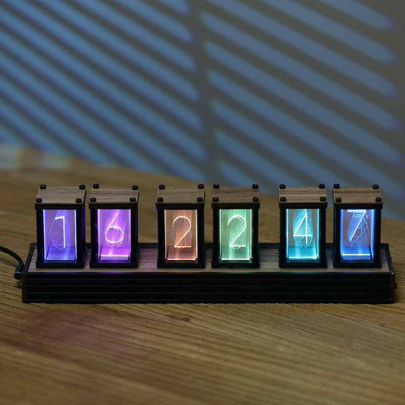 時鐘 鬧鐘 鐘錶 RGB擬輝光管時鐘 DIY套件創意電視柜電競桌面擺件實木電子數字鐘 全館免運