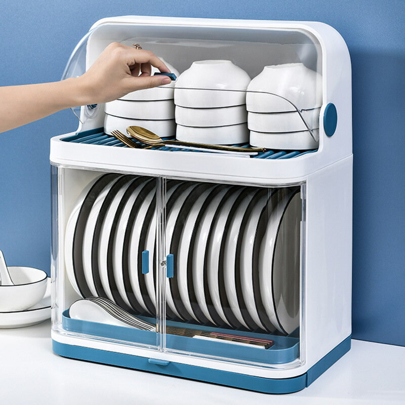 廚房碗柜創意雙層帶蓋防塵瀝水置物架碗筷收納盒儲物架塑料置物架