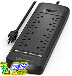 美國代購 Witeem 電源保護器 B07W5MYBFJ 12個插座和4個USB端口和6英尺 黑色/白色