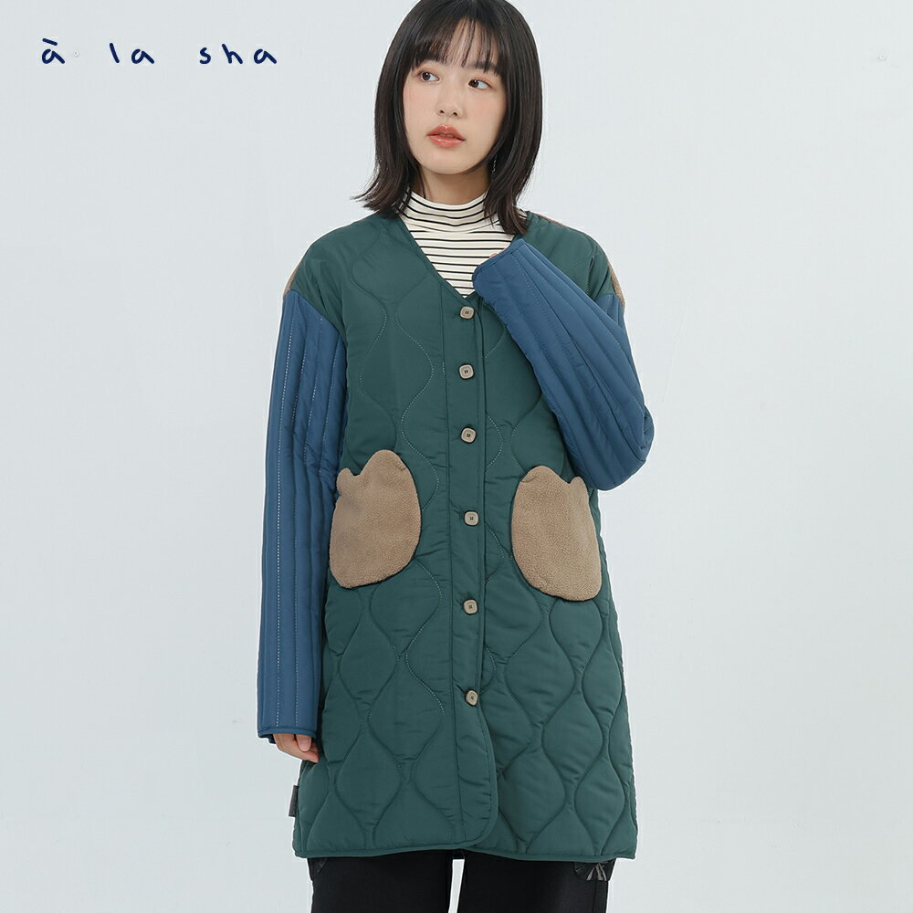 a la sha 拼接撞色絎縫長版外套