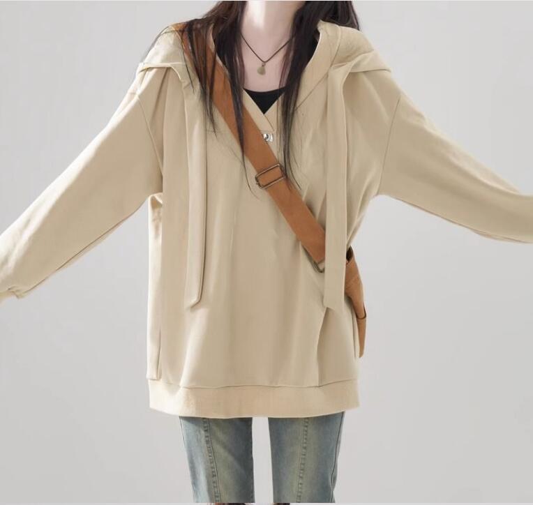 大學T美式復古連帽衛衣女春秋季大碼寬松休閑慵懶風假兩件上衣【步行者戶外生活館】