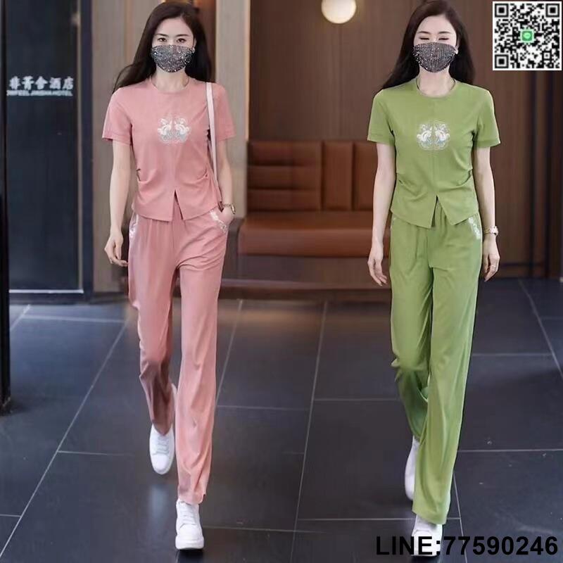 【歡樂購】國風運動服套裝女夏季新款洋氣顯瘦刺繡T恤闊腿褲休閒兩件套休閒服裝流行女裝女性衣服~BA16447