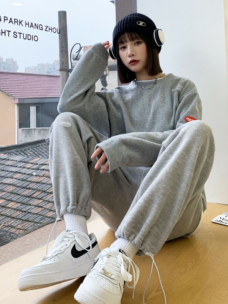 新款高腰直筒哈倫衛褲女加絨加厚學生小個子休閑運動長褲
