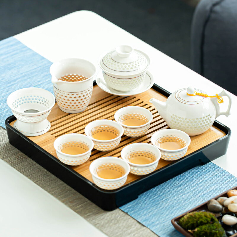 玲瓏陶瓷蜂窩鏤空蓋碗茶具套裝簡約家用現代功夫小茶壺辦公泡茶杯