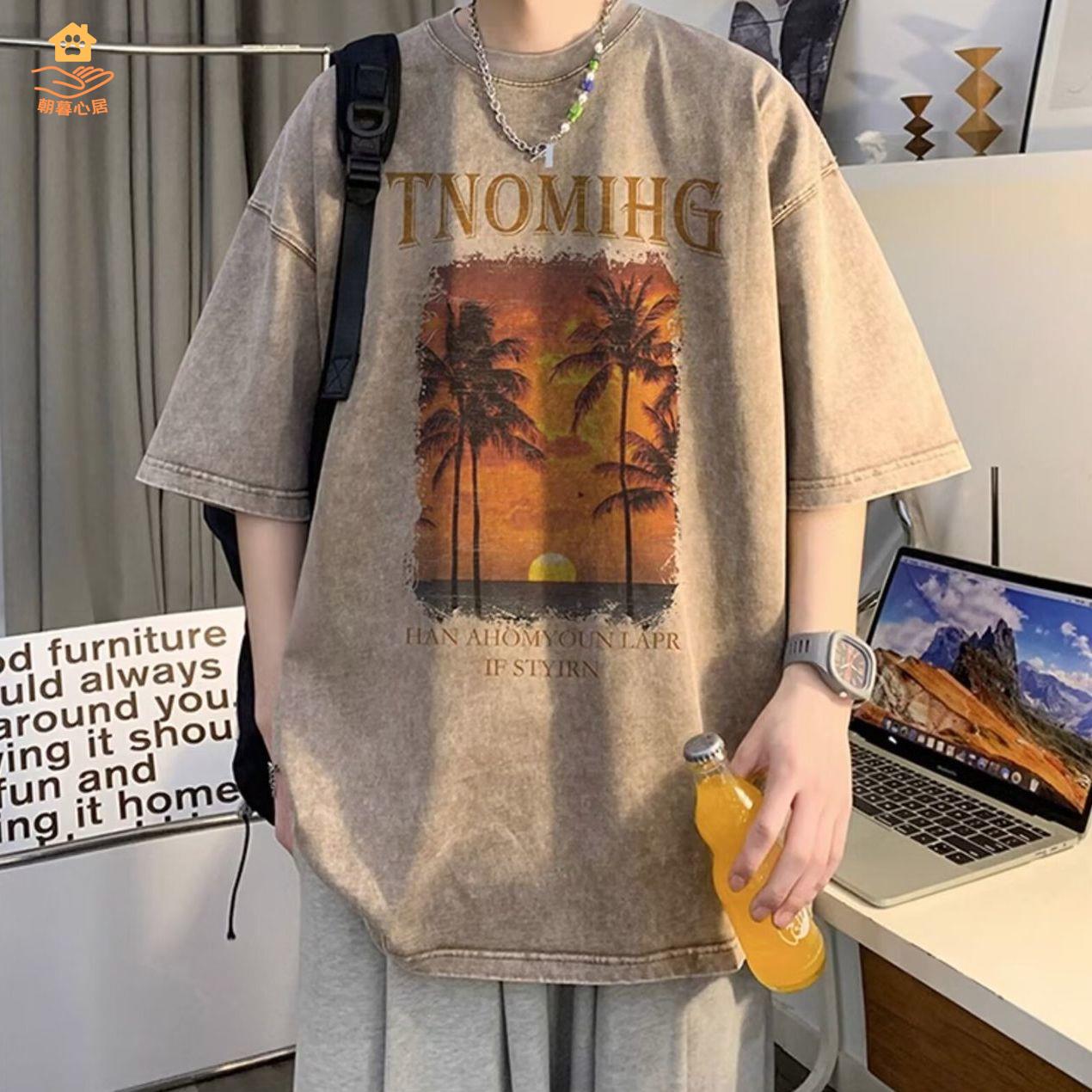 現貨特賣！T恤 t恤 短袖 男裝 短袖T恤 美式水洗t恤男士夏季圓領純棉印花短袖高街潮牌上衣大碼寬松體恤 特價出 開發票 免運【hua3/19】