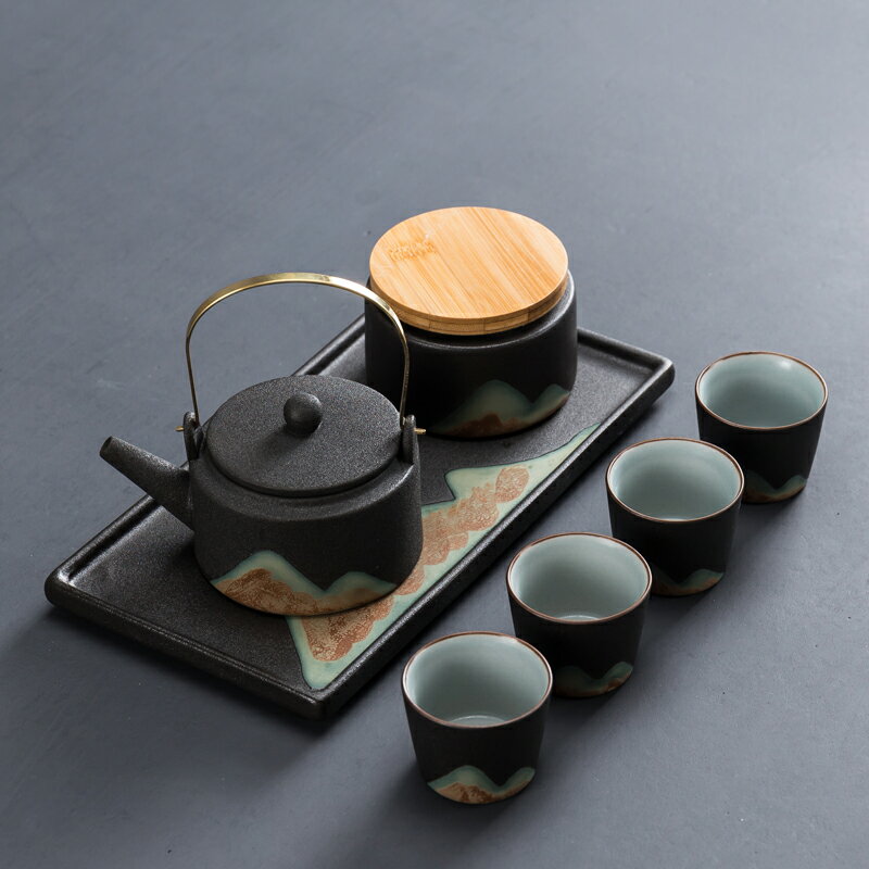 陶瓷茶具套裝干泡托盤茶盤簡約家用辦公黑陶提梁茶壺功夫小泡茶臺