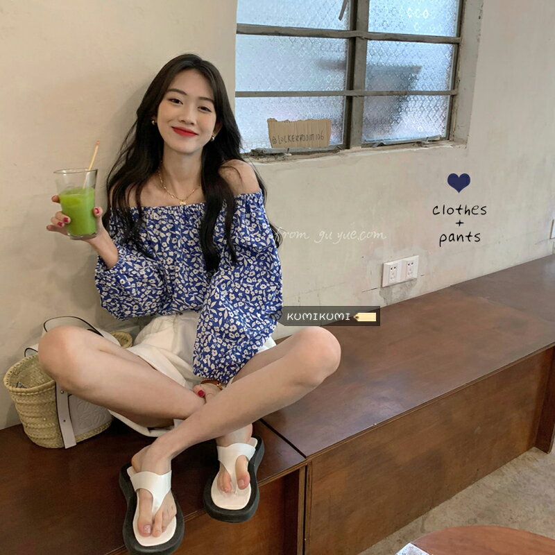 夏季港風套裝一字露肩碎花襯衫女裝寬松闊腿褲牛仔短褲時尚兩件套