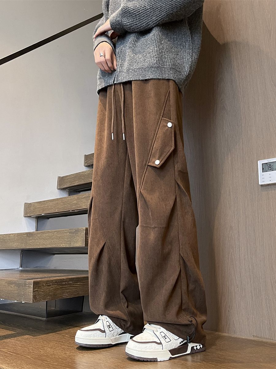 復古棕色燈芯絨工裝褲男冬季加絨加厚寬松垂感闊腿褲美式休閑褲子-享樂
