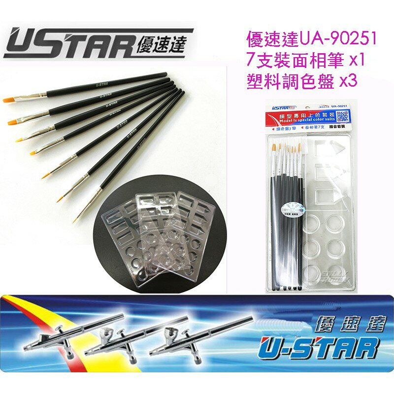 【鋼普拉】USTAR 優速達 模型筆塗套裝 面相筆 x7+塑膠調色盤 x3 全套 UA90251