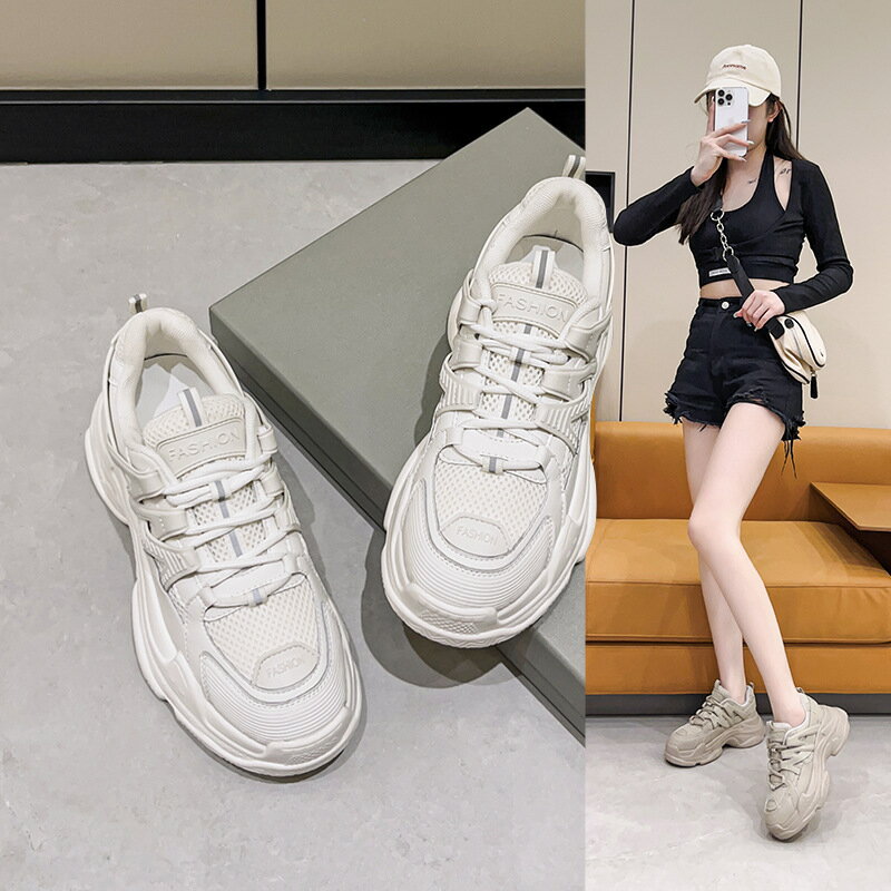 真皮老爹鞋女鞋2023新款透氣厚底ins潮運動鞋女百搭休閑小白鞋潮