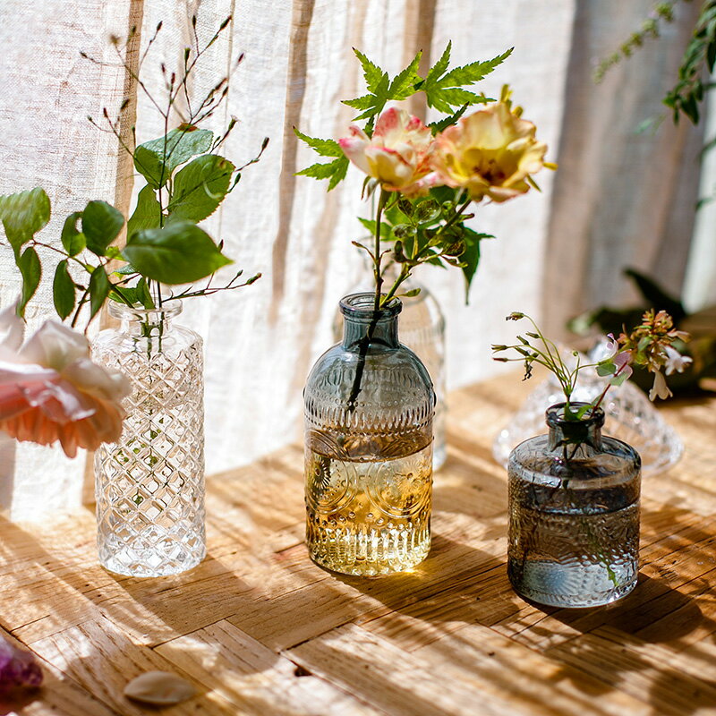 掬涵小型復古玻璃器皿歐式花瓶花器透明干花插花水培客廳裝飾擺件