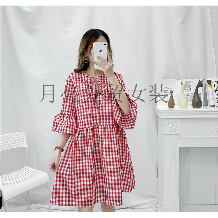 夏季女裝時尚韓版拼色格紋圓領鏤空系帶高腰顯瘦喇叭袖連衣裙