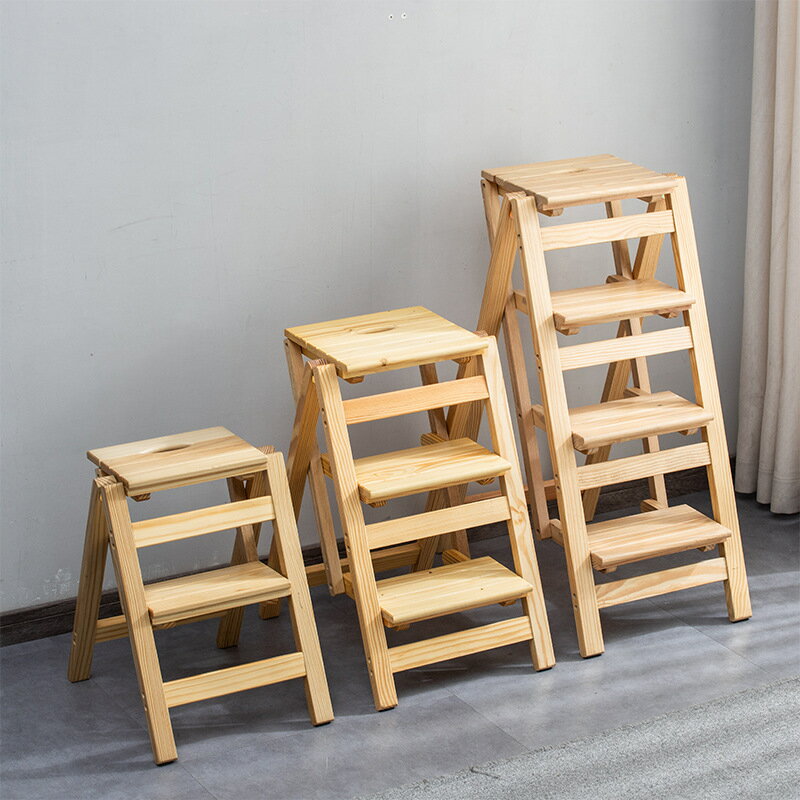 優樂悅~美式多功能家用實木折疊梯子椅子室內可移動登高三步人字梯置物架