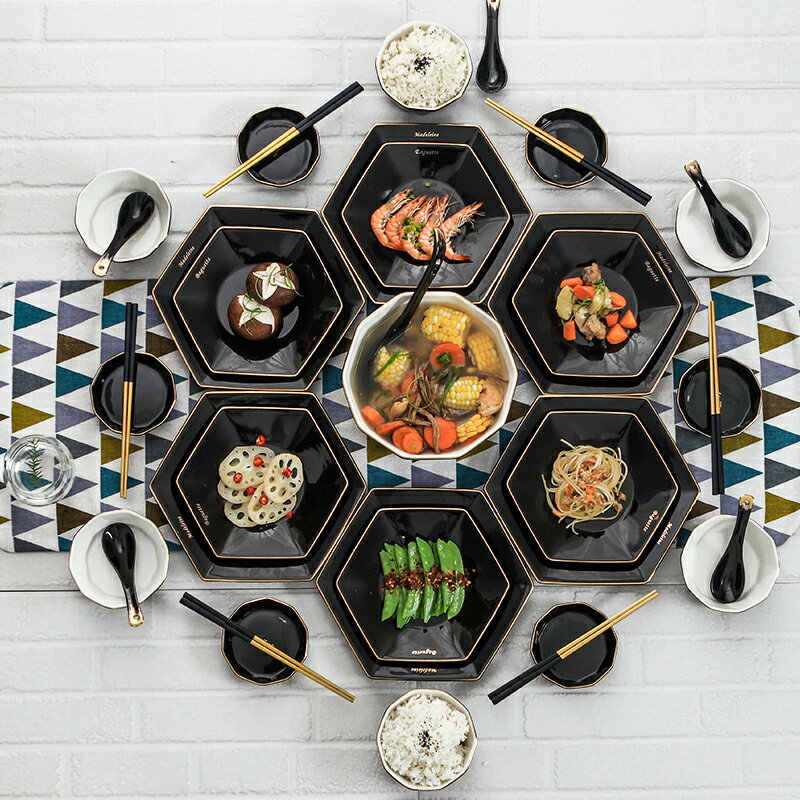 陶瓷拼盤餐具套裝菜盤子方碗筷碗碟家用碗盤套裝組合圓桌團圓餐具