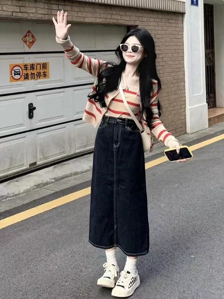 長袖套裝減齡奶系穿搭韓劇小香風條紋上衣牛仔半身裙時尚百搭兩件套秋季【倪醬】