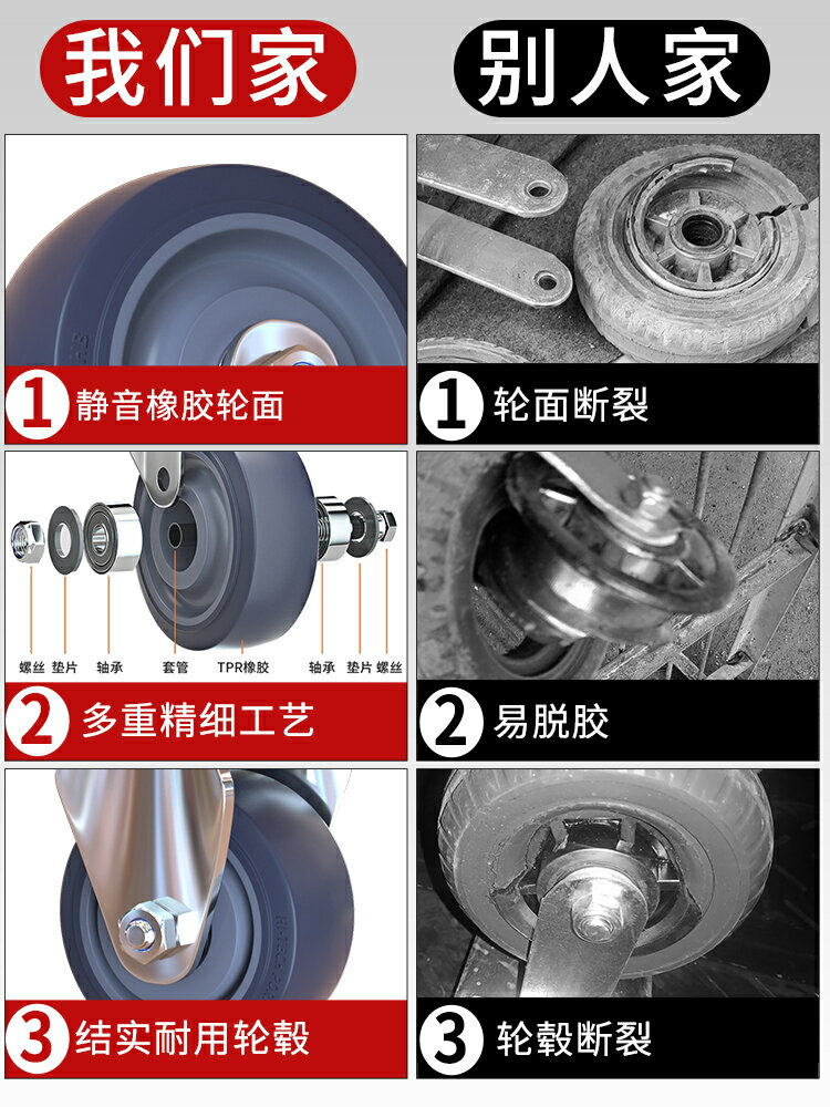 ??萬向輪輪子3寸重型板車小推車拖車拉車靜音腳輪橡膠輪帶剎車