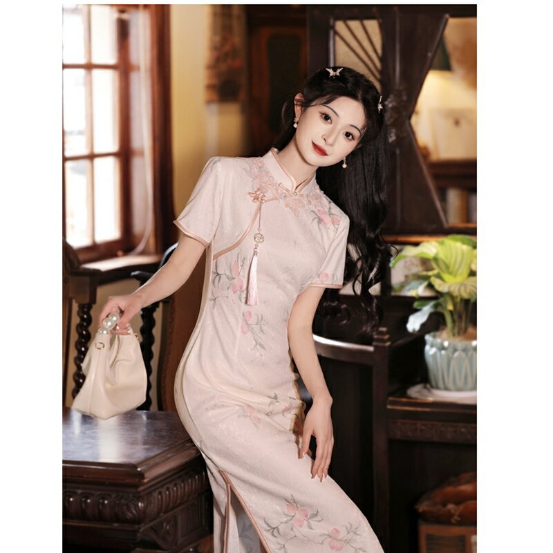 【巴黎精品】連身裙改良式旗袍-短袖提花收腰蕾絲女裙子a1gc9
