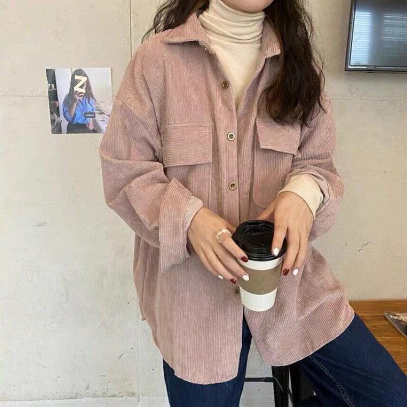 外套 女裝 休閒外套 時尚外套 保暖外套  女百搭寬鬆秋冬厚款燈芯絨襯衫外穿襯衣外套女小眾上衣春秋長袖 4