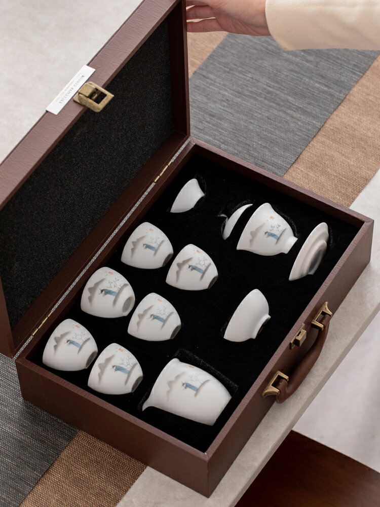 手繪功夫茶具套裝家用簡約白瓷泡茶蓋碗辦公室泡茶整套組合禮盒裝