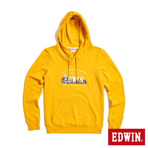 EDWIN 露營系列 富士山刺繡LOGO連帽長袖T恤-女款 桔黃色