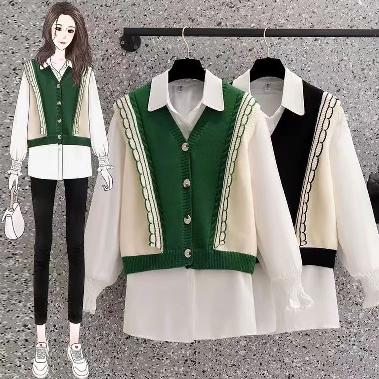 針織馬甲兩件套針織宽松v領撞色設計感小眾無袖毛衣開衫女士秋新款【淘夢屋】