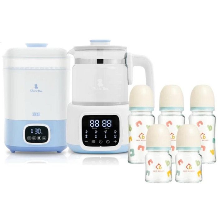 奇哥恆溫調乳器(TND580000)+消毒烘乾機(TND12000)+CHICBASICS耐熱玻璃寬口奶瓶3大2小 5967元(聊聊優惠)
