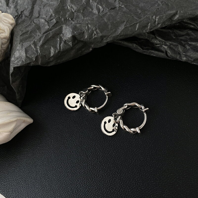 925純銀笑臉耳環女年新款潮復古泰銀耳墜冷淡風耳圈鏈條耳飾 1