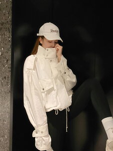 春秋小眾設計感白色工裝外套小個子短款酷颯風夾克上衣女