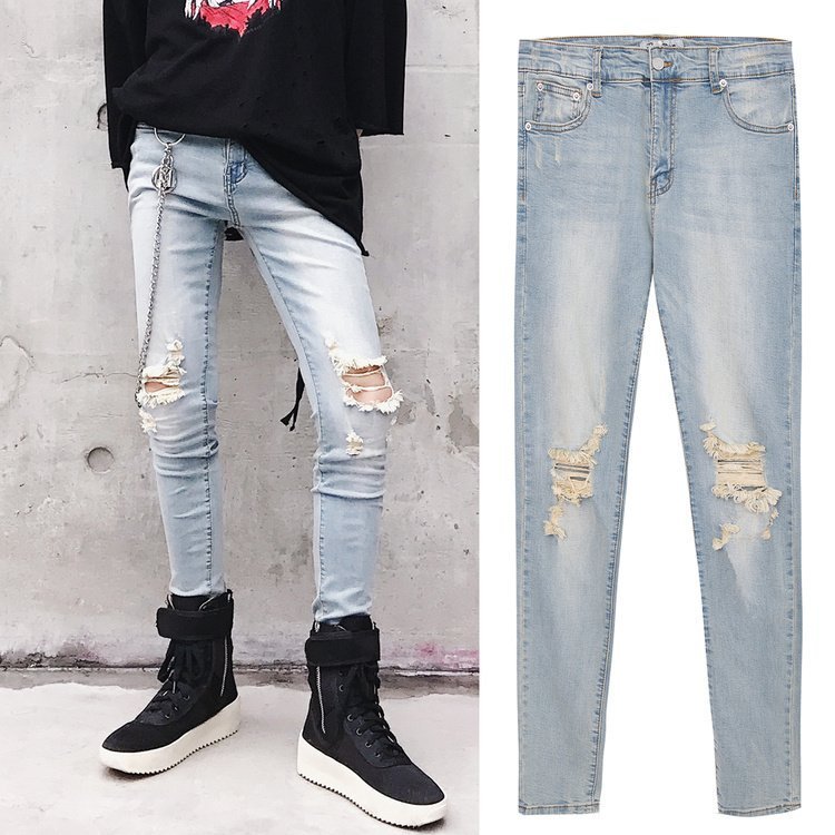 FINDSENSE G6 韓國時尚 男士牛仔褲破洞重工小腳褲彈力淺藍色窄管褲