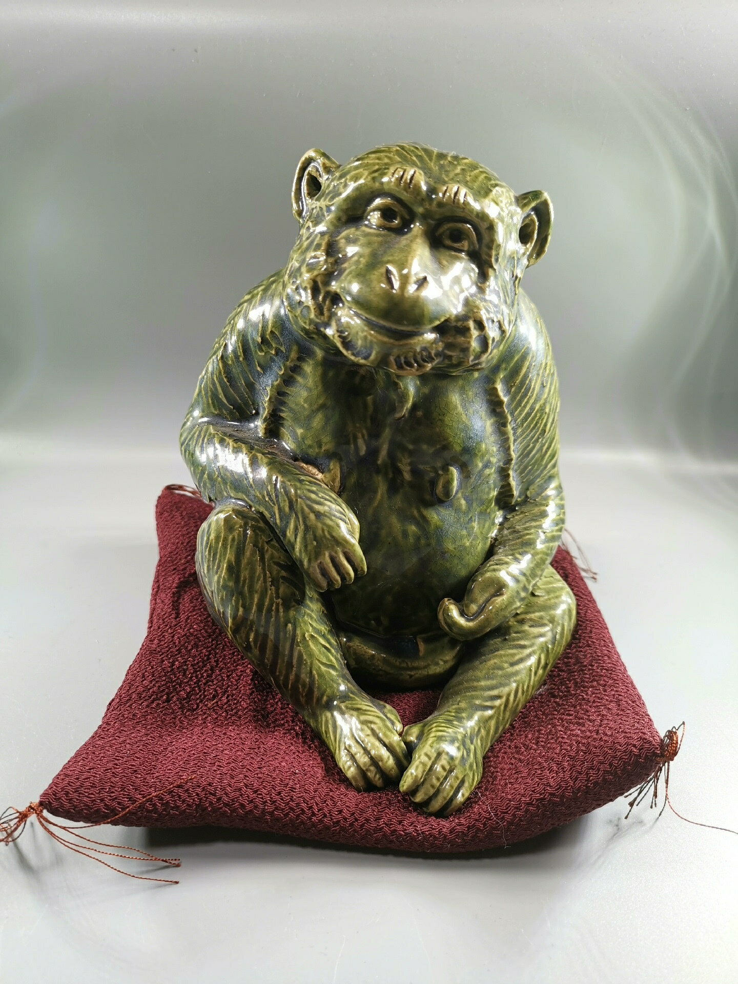 日本瀨戶燒巨匠 加藤五山 綠釉猴置物 猴擺飾，昭和時期庚申置