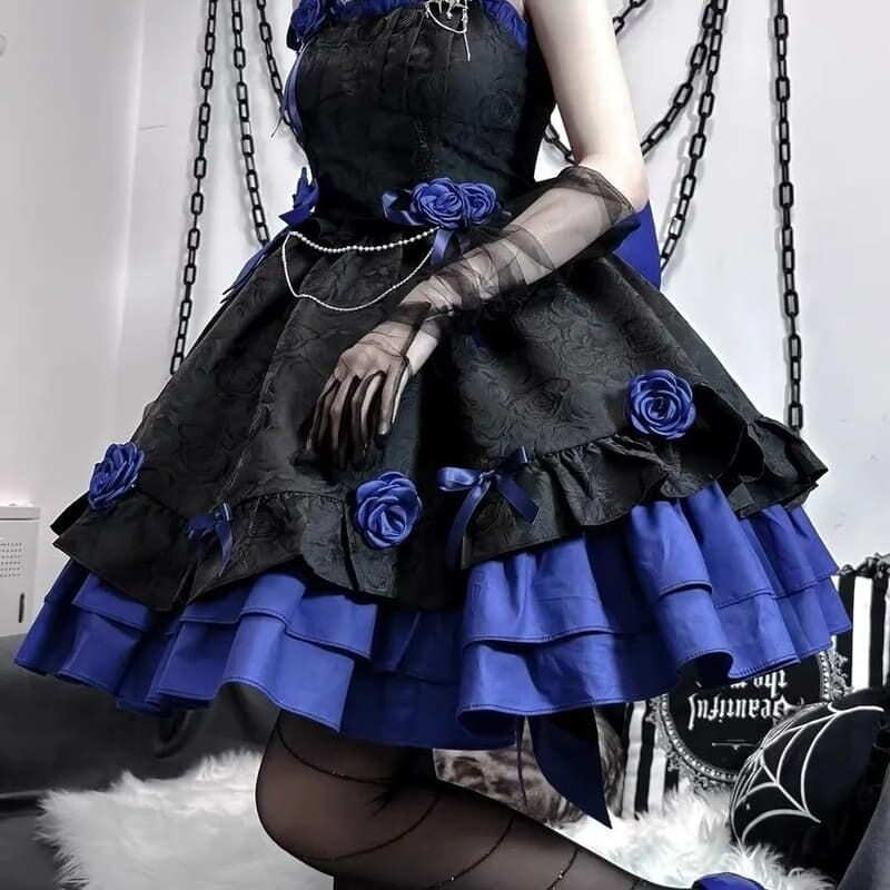 快速出貨【兩色入】洛麗塔吊帶連衣裙 lolita雙子黑紅黑藍暗黑哥特風吊帶裙 cosplay衣服連衣裙套裝 cos服角色扮演