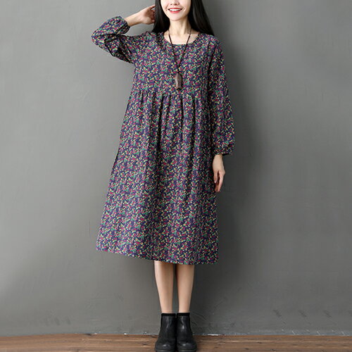 森女小碎花休閒圓領棉麻連身裙(2色M~2XL)【OREAD】【限定加碼✿全館滿額再折】