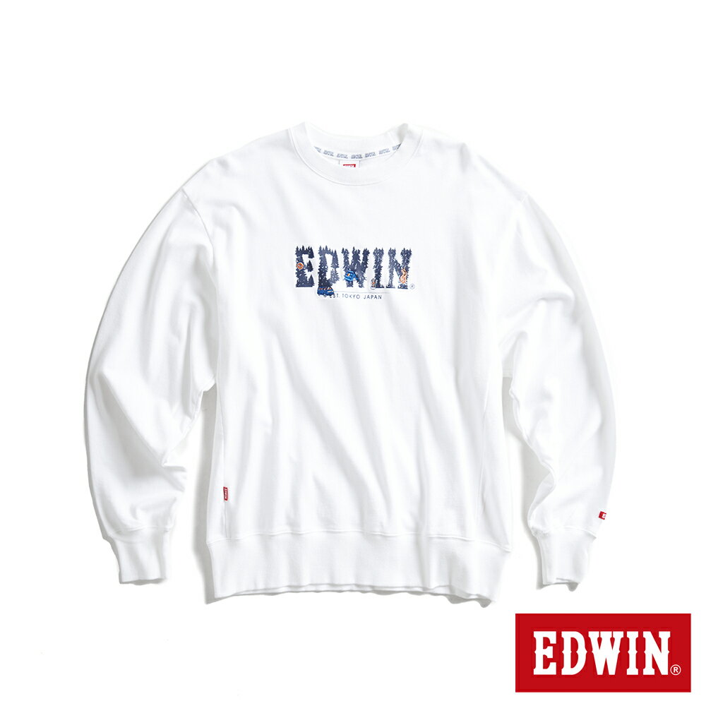 EDWIN 露營系列 森林LOGO寬版厚長袖T恤-男款 白色