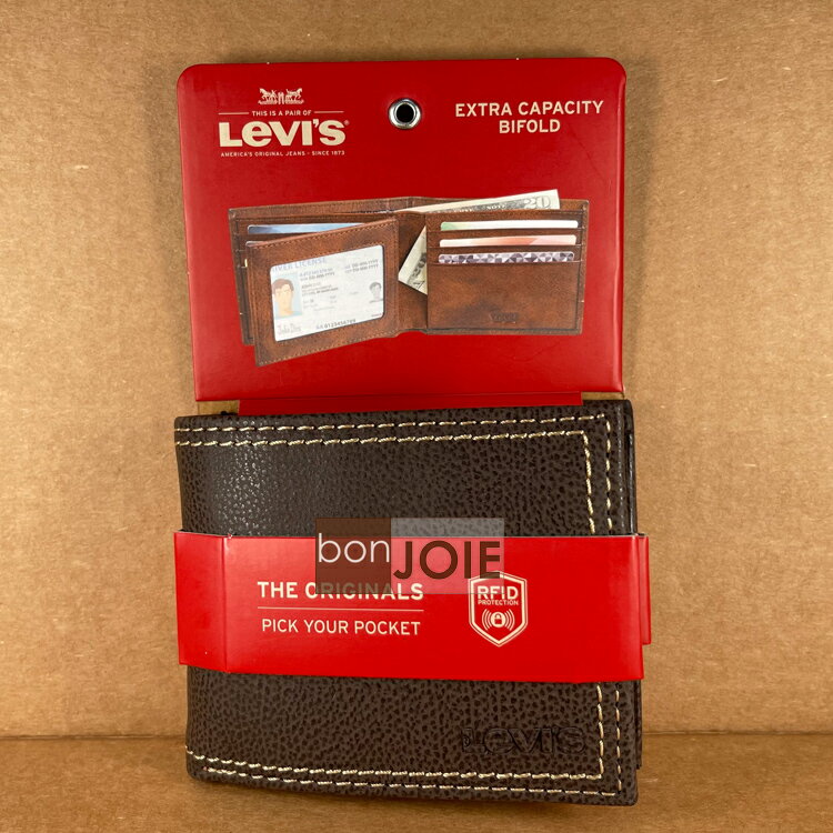 ::bonJOIE:: 美國進口 新款吊卡裝 Levi's 左右翻透明窗皮夾 (咖啡色) Levis 三折式 短夾 實物拍攝