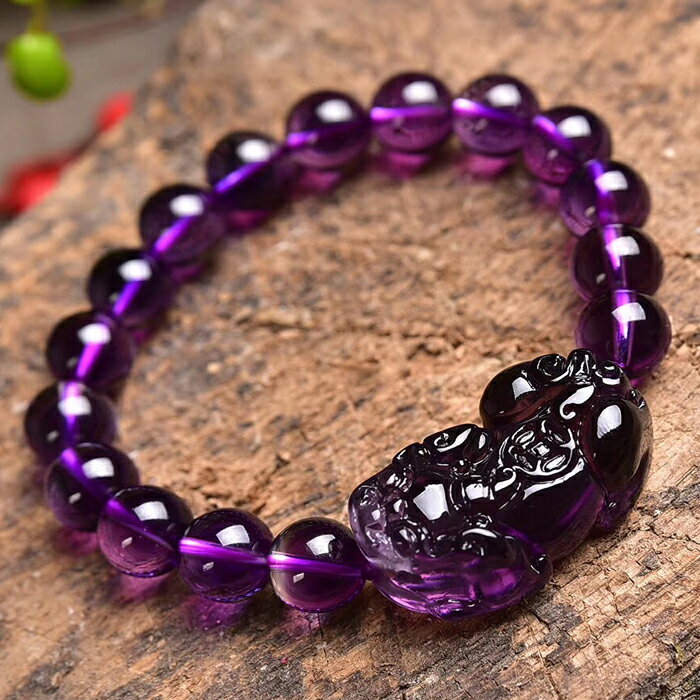 開光 天然紫水晶貔貅手鏈 背古錢財好運貔貅手串 紫水晶皮丘手鏈
