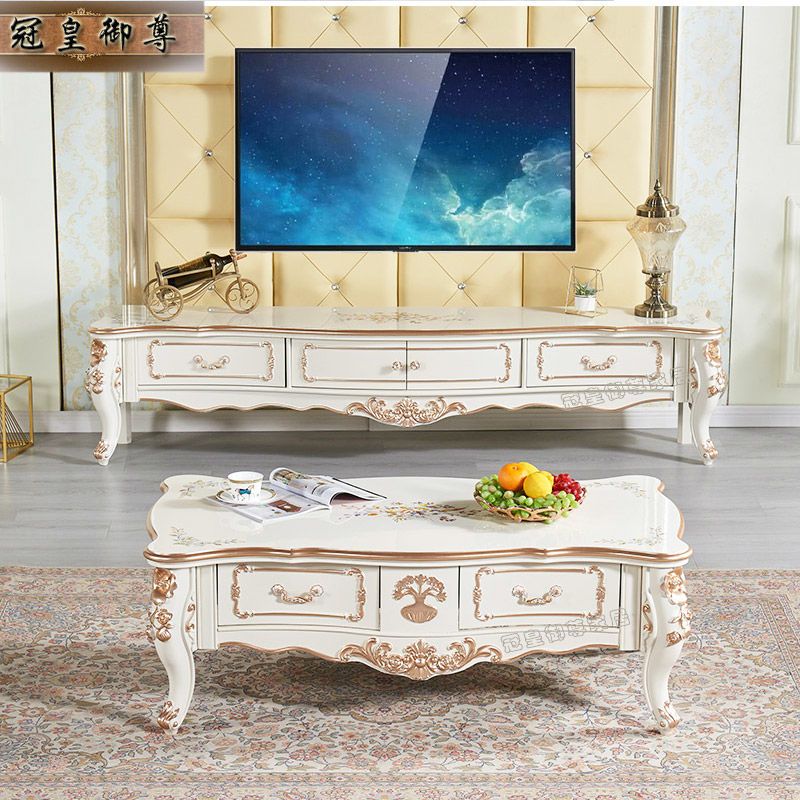 歐式茶幾電視柜組合珠光白色簡歐輕奢大小客廳圓弧形電視柜茶幾桌