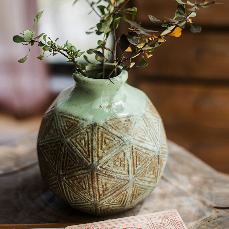 掬涵 多面紋小口瓶 復古陶瓷罐子花瓶花器裝飾擺件新中式懷舊
